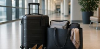 Professional shoes for flight attendants beside carry-on luggage