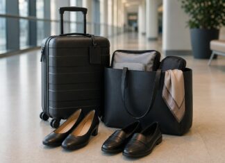 Best Shoes for Flight Attendants: What Actually Holds Up on Duty Days Professional shoes for flight attendants beside carry-on luggage