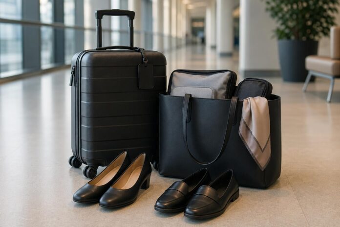 Professional shoes for flight attendants beside carry-on luggage