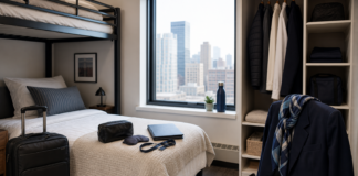 Shared crash pad room setup for new flight attendants with luggage, bunk bed, and neatly placed uniform pieces.