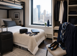 Flight Attendant Training Packing List: What to Bring and What to Skip Shared crash pad room setup for new flight attendants with luggage, bunk bed, and neatly placed uniform pieces.