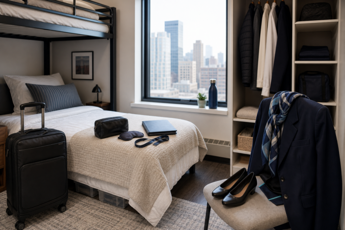Shared crash pad room setup for new flight attendants with luggage, bunk bed, and neatly placed uniform pieces.