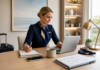 Flight Attendant Lifestyle Guide: How Crew Balance Sleep, Money, Health, and Relationships Flight attendant planning a flexible side hustle at home with a laptop and schedule