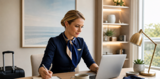 Flight Attendant Side Hustles: Realistic Ways to Earn Extra Income Flight attendant planning a flexible side hustle at home with a laptop and schedule