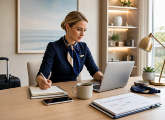 Flight Attendant Side Hustles: Realistic Ways to Earn Extra Income Flight attendant planning a flexible side hustle at home with a laptop and schedule