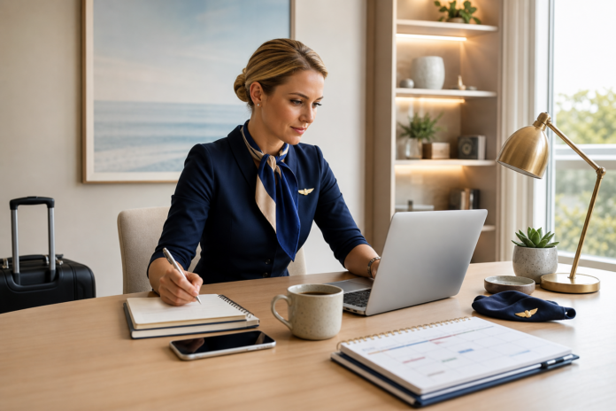 Flight attendant planning a flexible side hustle at home with a laptop and schedule