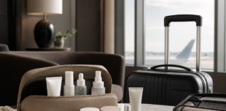 Best Skincare Products for Flight Attendants: What Actually Helps on Dry Duty Days Travel-friendly skincare products for flight attendants arranged beside a crew bag in an airport-style setting