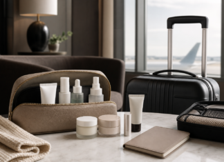 Best Skincare Products for Flight Attendants: What Actually Helps on Dry Duty Days Travel-friendly skincare products for flight attendants arranged beside a crew bag in an airport-style setting