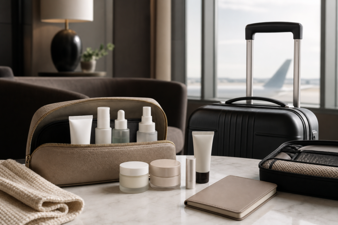 Travel-friendly skincare products for flight attendants arranged beside a crew bag in an airport-style setting