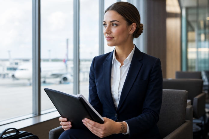 Aspiring flight attendant in a professional interview setting with a subtle visible wrist tattoo