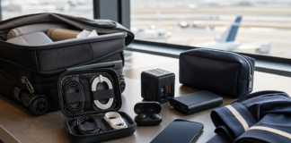 Travel tech setup for flight attendants with charger, power bank, phone, earbuds, and carry-on bag