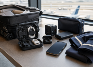 Best Travel Tech for Flight Attendants: What Actually Earns a Place in Your Bag Travel tech setup for flight attendants with charger, power bank, phone, earbuds, and carry-on bag