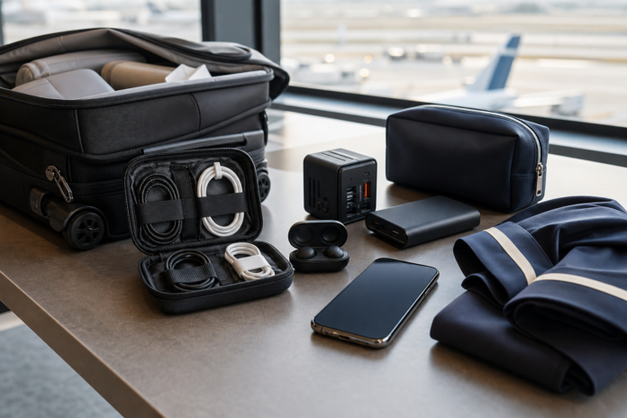 Travel tech setup for flight attendants with charger, power bank, phone, earbuds, and carry-on bag
