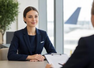 Delta vs United Flight Attendant Salary: Which Airline Pays Better in 2026? Flight attendant job candidate in a professional interview setting
