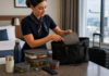 Best Meal Prep Gear for Flight Attendants: What Actually Makes Trip Food Easier Flight attendant packing a slim insulated lunch bag, meal prep containers, bottle, and utensils into a crew tote in a hotel-room travel setting