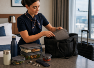 Best Meal Prep Gear for Flight Attendants: What Actually Makes Trip Food Easier Flight attendant packing a slim insulated lunch bag, meal prep containers, bottle, and utensils into a crew tote in a hotel-room travel setting