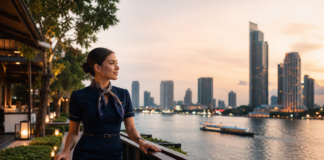 Flight attendant on a Bangkok layover by the Chao Phraya riverside at sunset with skyline view and carry-on luggage