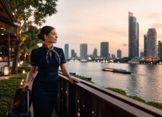 Things to Do on a Layover in Bangkok for Flight Attendants: Crew-Friendly Ideas by Time and Energy Flight attendant on a Bangkok layover by the Chao Phraya riverside at sunset with skyline view and carry-on luggage