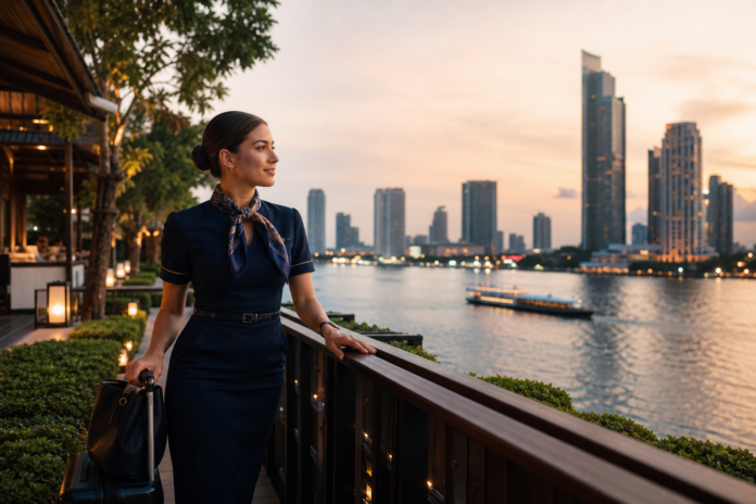 Flight attendant on a Bangkok layover by the Chao Phraya riverside at sunset with skyline view and carry-on luggage