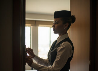 Hotel Safety Tips for Cabin Crew: What Your Layover Checklist Should Include Flight attendant checking hotel room door lock - hotel safety tips for cabin crew
