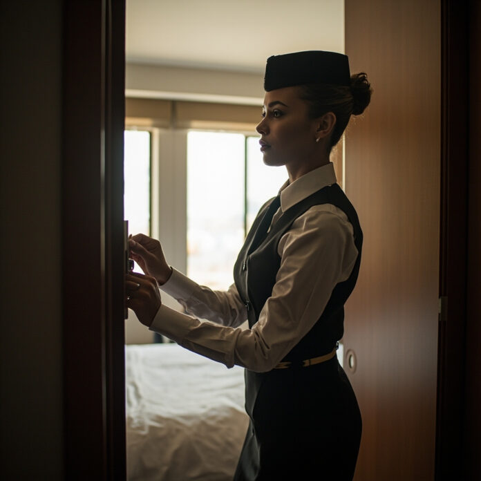 Flight attendant checking hotel room door lock - hotel safety tips for cabin crew