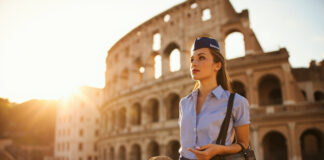 Flight attendant in Rome near the Colosseum on a layover, travel lifestyle