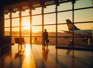 Lufthansa Cabin Crew Salary: What to Expect Flying with Germany’s Flag Carrier in 2026 Frankfurt Airport terminal with Lufthansa aircraft at golden hour, Lufthansa cabin crew salary guide 2026