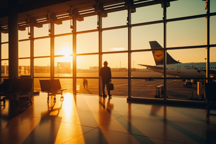 Frankfurt Airport terminal with Lufthansa aircraft at golden hour, Lufthansa cabin crew salary guide 2026
