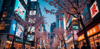 Tokyo city skyline with cherry blossoms at dusk, crew-friendly Tokyo layover guide for flight attendants