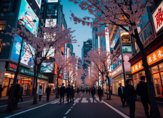 Things to Do on a Layover in Tokyo for Flight Attendants: Crew-Friendly Ideas by Time and Energy Level Tokyo city skyline with cherry blossoms at dusk, crew-friendly Tokyo layover guide for flight attendants