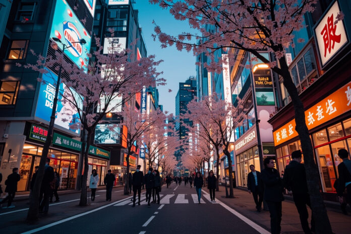 Tokyo city skyline with cherry blossoms at dusk, crew-friendly Tokyo layover guide for flight attendants