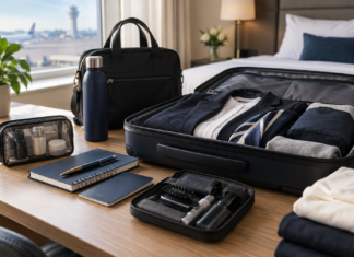 Flight Attendant Training Packing List: 2026 Checklist Organized flight attendant training packing setup with carry-on, documents, grooming kit, notebook, and professional clothing.