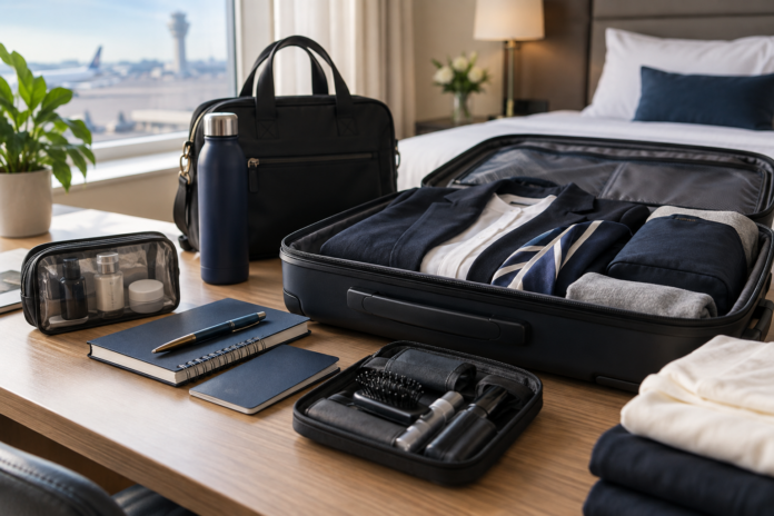 Organized flight attendant training packing setup with carry-on, documents, grooming kit, notebook, and professional clothing.