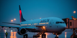 Delta Air Lines jet on the airport apron at dusk for a Delta flight attendant salary guide